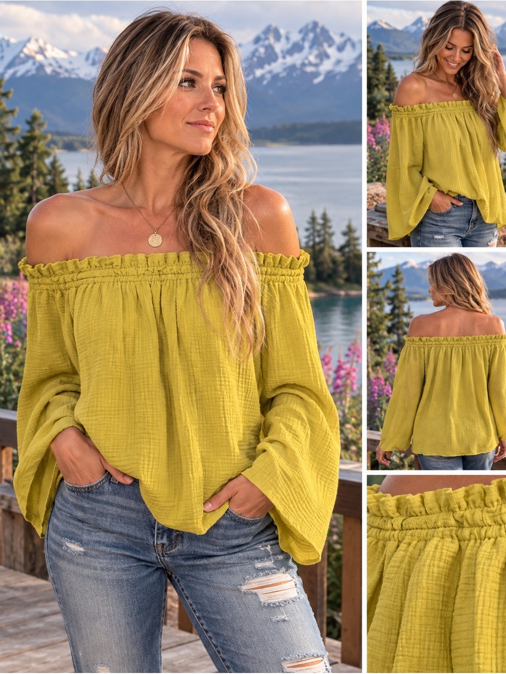 C & California Off-Shoulder Ruffled Top in Chartreuse Yellow